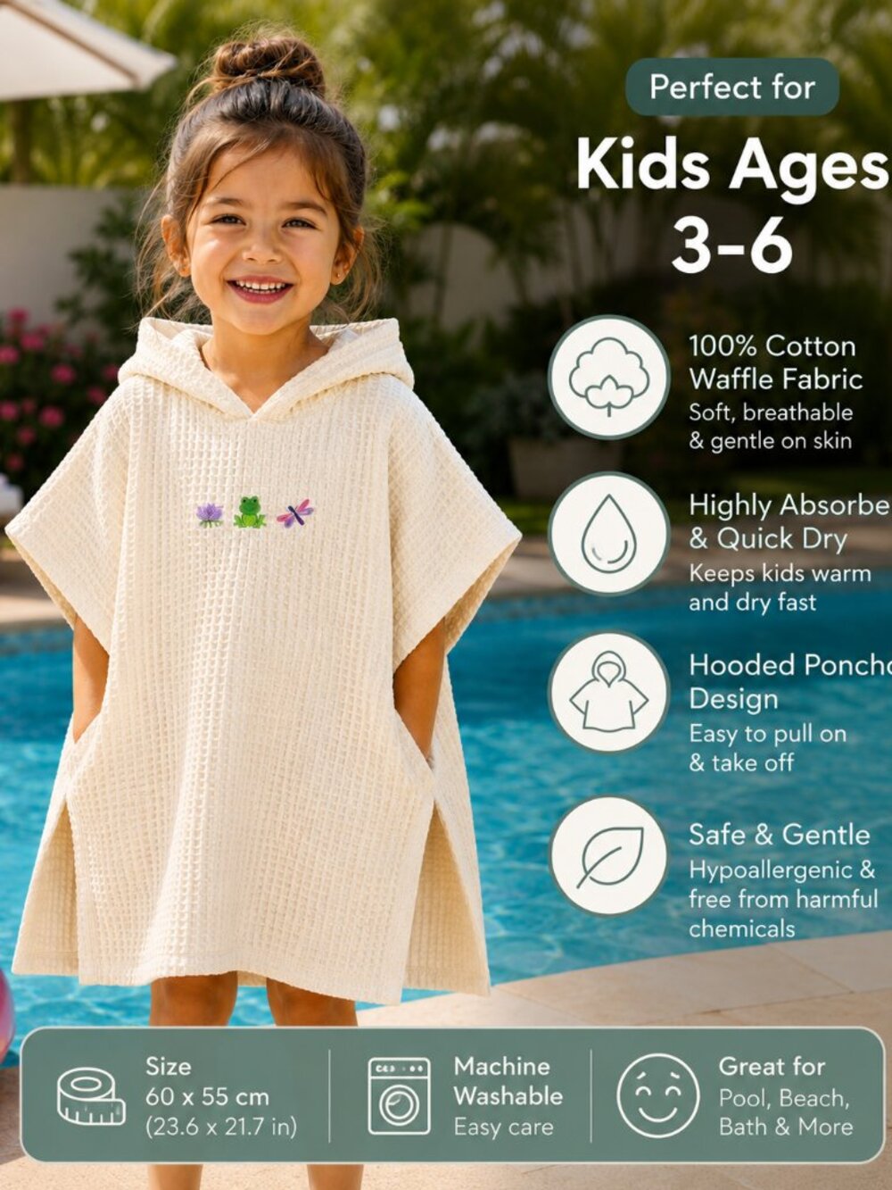 Kids Hooded Towel Poncho | Camping Embroidered Design | Soft Cotton Beach & Pool